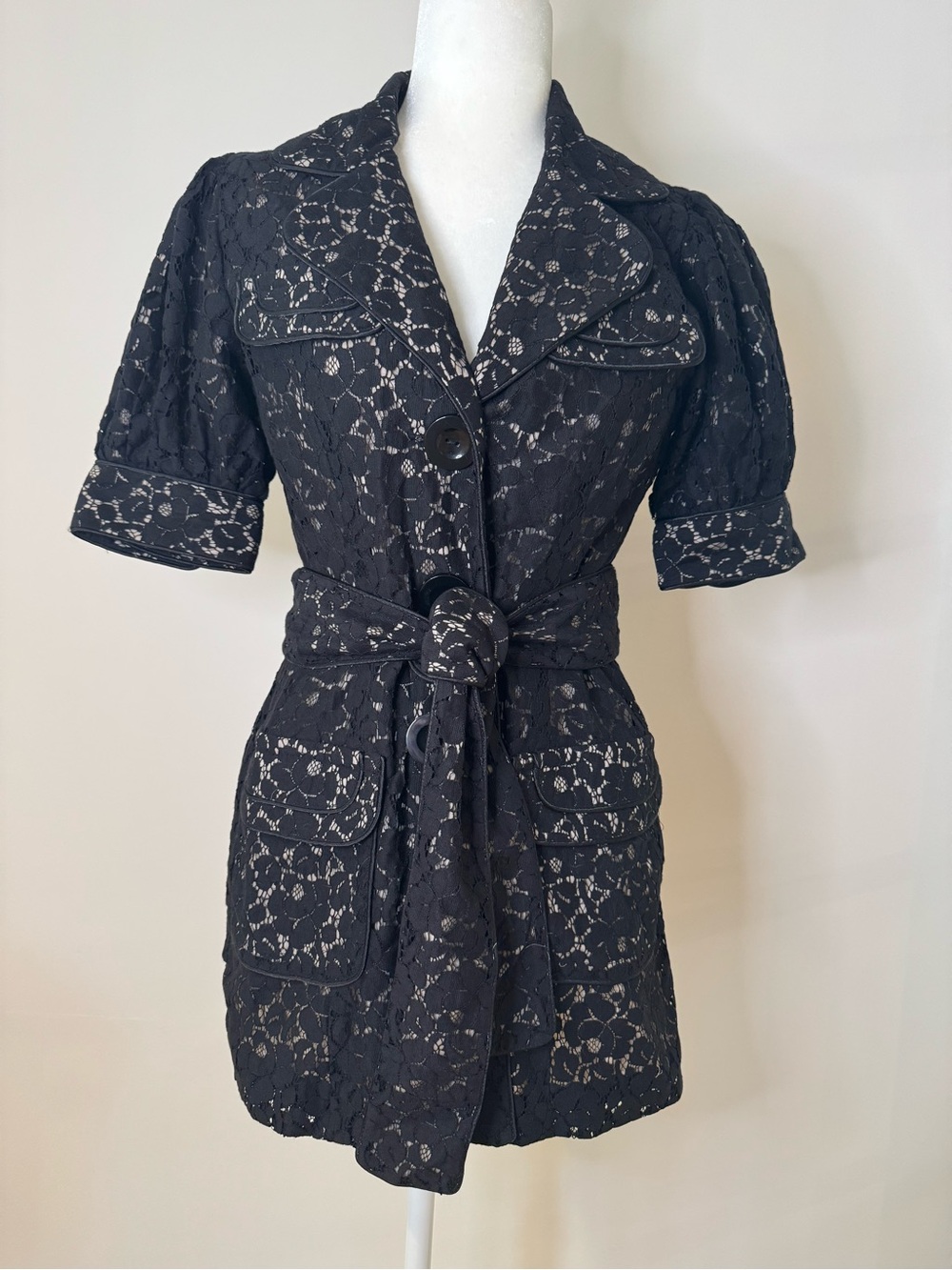 Kensie Black Lace Belted Short-Sleeve Tunic